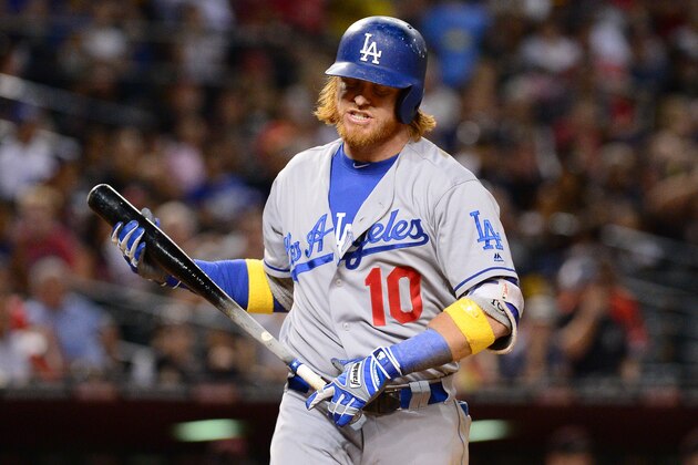 PHOENIX, AZ - SEPTEMBER 17:  Justin Turner #10 of the Los Angeles Dodgers reacts after striking out during the seventh inning against the Arizona Diamondbacks at Chase Field on September 17, 2016 in Phoenix, Arizona. The Dodgers won 6 - 2.  (Photo by Jennifer Stewart/Getty Images)