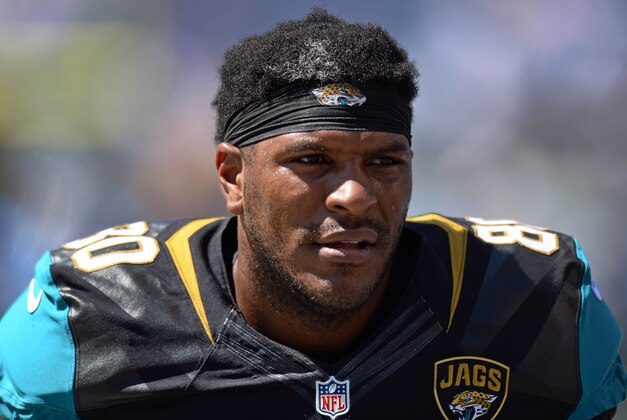 Sep 18, 2016; San Diego, CA, USA; Jacksonville Jaguars tight end Julius Thomas (80) looks on before the game against the San Diego Chargers at Qualcomm Stadium. Mandatory Credit: Jake Roth-USA TODAY Sports