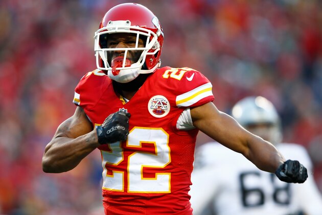 KANSAS CITY, MO - JANUARY 3:  Marcus Peters #22 of the Kansas City Chiefs celebrates after defending against a pass at Arrowhead Stadium during the second quarter of the game agains the Oakland Raiders on January 3, 2016 in Kansas City, Missouri. (Photo by Jamie Squire/Getty Images)