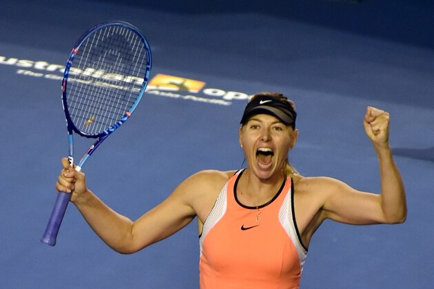 Russia's Maria Sharapova celebrates her win against Switzerland's Belinda Bencic during their women's singles on day seven of the 2016 of the Australian Open tennis tournament in Melbourne on January 24, 2016. AFP PHOTO / PAUL CROCK -- IMAGE RESTRICTED TO EDITORIAL USE - STRICTLY NO COMMERCIAL USE / AFP / PAUL CROCK        (Photo credit should read PAUL CROCK/AFP/Getty Images)