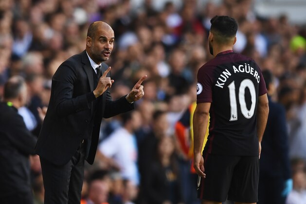 LONDON, ENGLAND - OCTOBER 02:  Josep Guardiola, Manager of Manchester City (L) gives Sergio Aguero of Manchester City (R) instructions during the Premier League match between Tottenham Hotspur and Manchester City at White Hart Lane on October 2, 2016 in London, England.  (Photo by Shaun Botterill/Getty Images)
