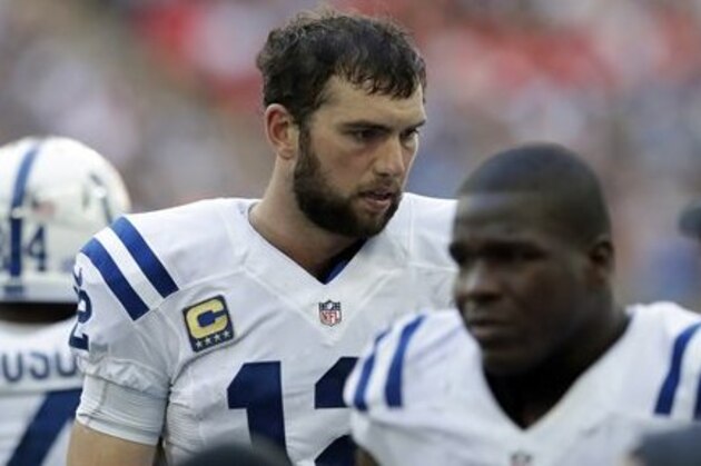 Indianapolis Colts quarterback Andrew Luck (12) during an NFL football game between the Indianapolis Colts and the Jacksonville Jaguars at Wembley stadium in London, Sunday Oct. 2, 2016. (AP Photo/Matt Dunham)