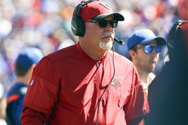Arizona Cardinals head coach Bruce Arians walks on the sidelines during the first half of an NFL football game against the Buffalo Bills on Sunday, Sept. 25, 2016, in Orchard Park, N.Y. (AP Photo/Bill Wippert)