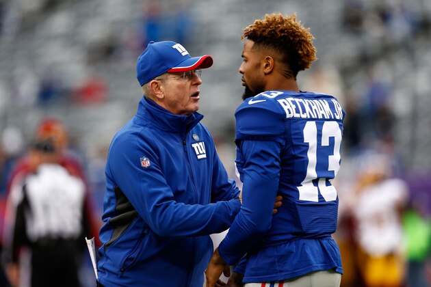 EAST RUTHERFORD, NJ - DECEMBER 14:  (L-R) Head coach Tom Coughlin of the New York Giants talks with Odell Beckham Jr. #13 on the field during warm-ups prior to their game against the Washington Redskins at MetLife Stadium on December 14, 2014 in East Rutherford, New Jersey.  (Photo by Jeff Zelevansky/Getty Images)