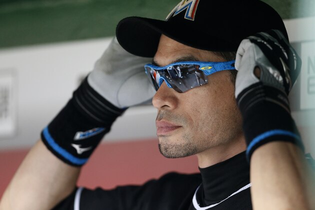 WASHINGTON, DC - OCTOBER 1: Ichiro Suzuki #51 of the Miami Marlins looks on from the dug out in the sixth inning against the Washington Nationals at Nationals Park on October 1, 2016 in Washington, DC. (Photo by Matt Hazlett/Getty Images)