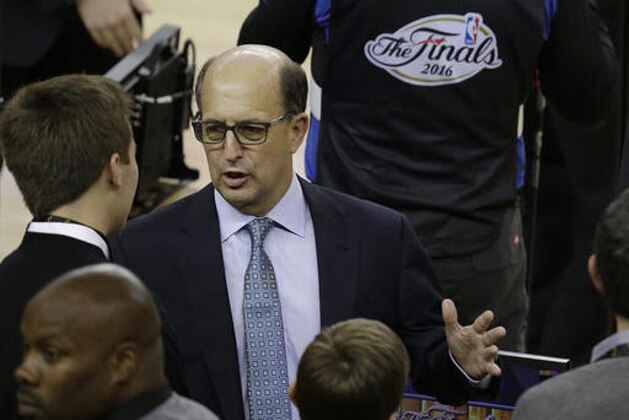 In this Thursday, June 2, 2016 photo, television announcer Jeff Van Gundy speaks before Game 1 of basketball's NBA Finals between the Golden State Warriors and the Cleveland Cavaliers in Oakland, Calif. (AP Photo/Ben Margot)