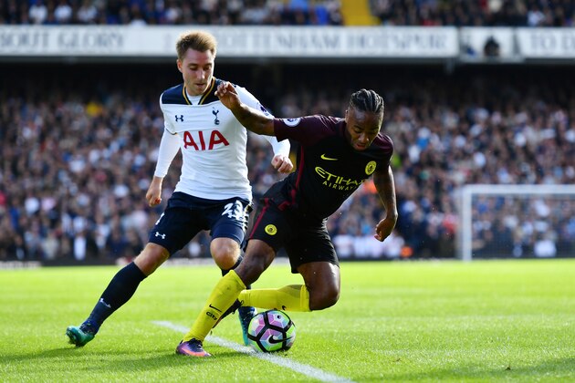LONDON, ENGLAND - OCTOBER 02: Raheem Sterling of Manchester City (R) is put under pressure from Christian Eriksen of Tottenham Hotspur (L) during the Premier League match between Tottenham Hotspur and Manchester City at White Hart Lane on October 2, 2016 in London, England.  (Photo by Dan Mullan/Getty Images)
