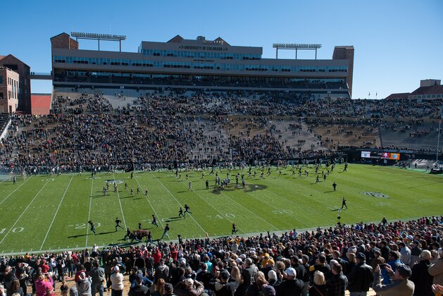 DENVER, CO - NOVEMBER 7:  Colorado Buffaloes mascot Ralph is run on the field by handlers before a game between the Colorado Buffaloes and the Stanford Cardinal at Folsom Field on November 7, 2015 in Boulder, Colorado.  (Photo by Dustin Bradford/Getty Images)
