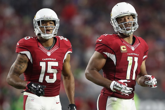 GLENDALE, AZ - SEPTEMBER 11:  (R-L) Wide receivers Larry Fitzgerald #11 and Michael Floyd #15 of the Arizona Cardinals during the NFL game against the New England Patriots at the University of Phoenix Stadium on September 11, 2016 in Glendale, Arizona. The Patriots defeated the Cardinals 23-21.  (Photo by Christian Petersen/Getty Images)