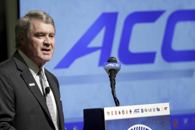 FILE - In this July 20, 2015, file photo, Atlantic Coast Conference Commissioner John Swofford makes remarks during the ACC, NCAA college football kickoff in Pinehurst, N.C. The ACC has to sort out a lot of things between now and December _ both on the field, and suddenly, off of it. (AP Photo/Gerry Broome, File)
