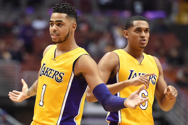 ANAHEIM, CA - OCTOBER 04:  D'Angelo Russell #1 and Jordan Clarkson #6 of the Los Angeles Lakers react to a Sacramento Kings foul during a preseason game at Honda Center on October 4, 2016 in Anaheim, California.  NOTE TO USER: User expressly acknowledges and agrees that, by downloading and or using this photograph, User is consenting to the terms and conditions of the Getty Images License Agreement.  (Photo by Harry How/Getty Images)