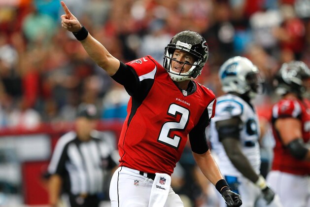 ATLANTA, GA - OCTOBER 02:  Matt Ryan #2 of the Atlanta Falcons reacts after passing for a touchdown to Aldrick Robinson #19 against the Carolina Panthers at Georgia Dome on October 2, 2016 in Atlanta, Georgia.  (Photo by Kevin C. Cox/Getty Images)