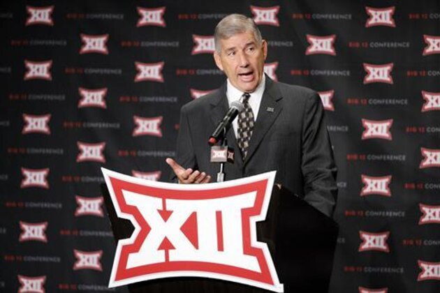 FILE - In this Monday, July 18, 2016 file photo, Big 12 commissioner Bob Bowlsby addresses attendees during Big 12 media day in Dallas. Bowlsby has referred to what the Big 12 is about to step into as it moves toward expansion as a seller’s market. (AP Photo/Tony Gutierrez, File)