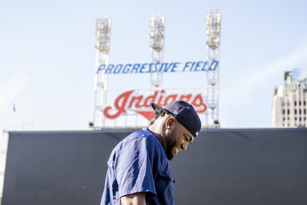 CLEVELAND, OH - OCTOBER 5: David Ortiz #34 of the Boston Red Sox reacts during a team workout before game one of the American League Division Series against the Cleveland Indians on October 5, 2016 at Progressive Field in Cleveland, Ohio. (Photo by Billie Weiss/Boston Red Sox/Getty Images)