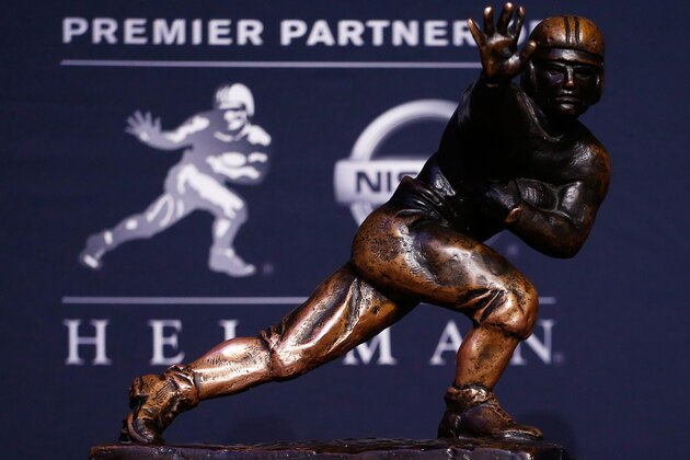 NEW YORK, NY - DECEMBER 12:  A general view of the Heisman Trophy during a press conference prior to the 2015 Heisman Trophy Presentation at the Marriott Marquis on December 12, 2015 in New York City.  (Photo by Mike Stobe/Getty Images)