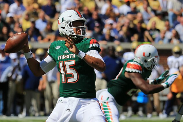 ATLANTA, GA - OCTOBER 01: Brad Kaaya #15 of the Miami Hurricanes drops back to pass during the first half against the Georgia Tech Yellow Jackets at Bobby Dodd Stadium on October 1, 2016 in Atlanta, Georgia. (Photo by Daniel Shirey/Getty Images)