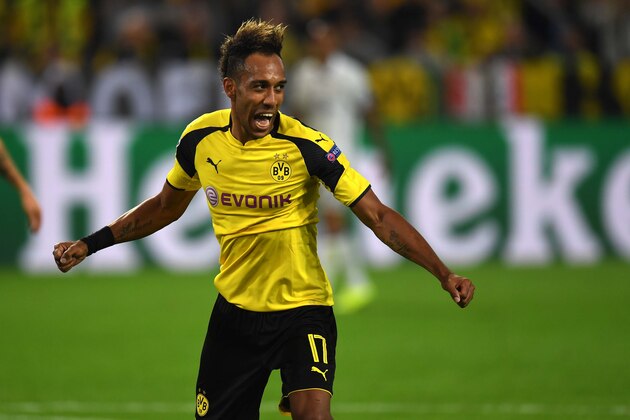 Dortmund's Gabonese striker Pierre-Emerick Aubameyang celebrates during the UEFA Champions League first leg football match between Borussia Dortmund and Real Madrid at BVB stadium in Dortmund, on September 27, 2016. / AFP / PATRIK STOLLARZ        (Photo credit should read PATRIK STOLLARZ/AFP/Getty Images)