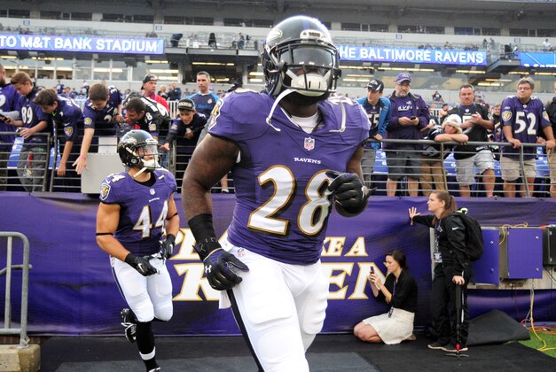 Oct 2, 2016; Baltimore, MD, USA; Baltimore Ravens running back Terrance West (28) runs onto the field prior to the game against the Oakland Raiders at M&T Bank Stadium. Mandatory Credit: Evan Habeeb-USA TODAY Sports