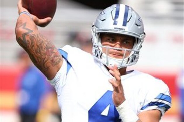 Dallas Cowboys quarterback Dak Prescott in action against the San Francisco 49ers during an NFL football game Sunday, Oct. 2, 2016, in Santa Clara, CA. The Cowboys won 24-17. (Daniel Gluskoter/AP Images for Panini)