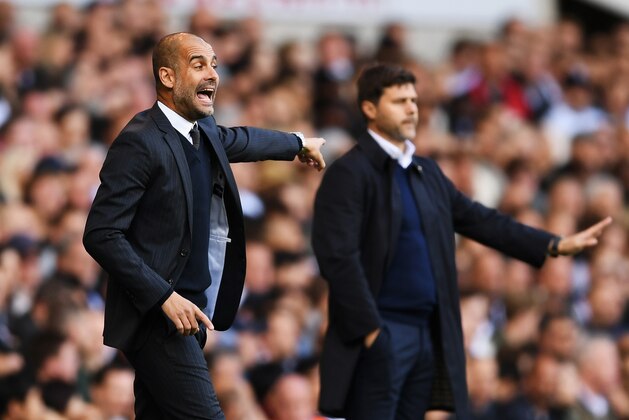 LONDON, ENGLAND - OCTOBER 02:  Josep Guardiola, Manager of Manchester City reacts next to Mauricio Pochettino, manager of Tottenham Hotspur during the Premier League match between Tottenham Hotspur and Manchester City at White Hart Lane on October 2, 2016 in London, England.  (Photo by Shaun Botterill/Getty Images)