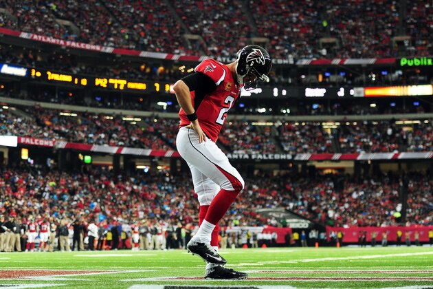 ATLANTA, GA - DECEMBER 27:  Matt Ryan #2 of the Atlanta Falcons reacts to a play during the first half against the Carolina Panthers at the Georgia Dome on December 27, 2015 in Atlanta, Georgia.  (Photo by Scott Cunningham/Getty Images)