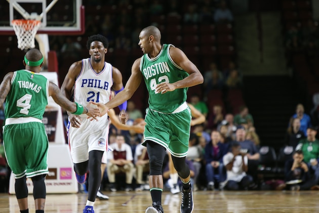 AMHERST, MA - OCTOBER 4:  Al Horford #42 of the Boston Celtics shakes hands with his teammates during the game against the Philadelphia 76ers during a preseason game on October 4, 2016 at the Mullins Center in Amherst, Massachusetts.  NOTE TO USER: User expressly acknowledges and agrees that, by downloading and or using this photograph, User is consenting to the terms and conditions of the Getty Images License Agreement. Mandatory Copyright Notice: Copyright 2016 NBAE (Photo by Chris Marion/NBAE via Getty Images)