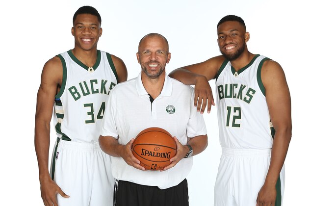 ST. FRANCIS, WI - SEPTEMBER 26:  Giannis Antetokounmpo #34 of the Milwaukee Bucks, head coach Jason Kidd of the Milwaukee Bucks and Jabari Parker #12 of the Milwaukee Bucks pose for a portrait during the 2016-2017 Milwaukee Bucks Media Day on September 26, 2016 at the Milwaukee Bucks Training Center in St. Francis, WI. NOTE TO USER:  User expressly acknowledges and agrees that, by downloading and or using this Photograph, user is consenting to the terms and conditions of the Getty Images License Agreement.  Mandatory Copyright Notice:  Copyright 2016 NBAE (Photo by Gary Dineen/NBAE via Getty Images)