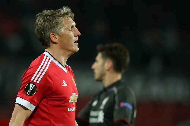 MANCHESTER, ENGLAND - MARCH 17:  Bastian Schweinsteiger of Manchester United looks dejected at the end of the UEFA Europa League Round of 16 Second Leg match between Manchester United and Liverpool at Old Trafford on March 17, 2016 in Manchester, England.  (Photo by Matthew Ashton - AMA/Getty Images)