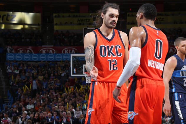 OKLAHOMA CITY, OK - NOVEMBER 22:  Steven Adams #12 of the Oklahoma City Thunder and Russell Westbrook #0 of the Oklahoma City Thunder celenbrate against the Dallas Mavericks on November 22, 2015 at Chesapeake Energy Arena in Oklahoma City, Oklahoma. NOTE TO USER: User expressly acknowledges and agrees that, by downloading and or using this photograph, User is consenting to the terms and conditions of the Getty Images License Agreement. Mandatory Copyright Notice: Copyright 2015 NBAE (Photo by Layne Murdoch/NBAE via Getty Images)'