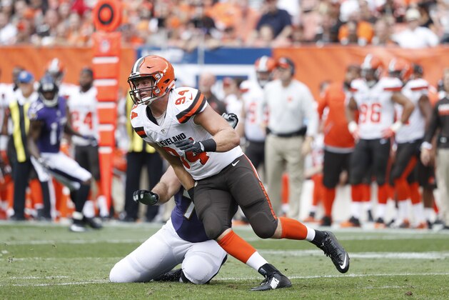 CLEVELAND, OH - SEPTEMBER 18: Carl Nassib #94 of the Cleveland Browns in action against the Baltimore Ravens during the game at FirstEnergy Stadium on September 18, 2016 in Cleveland, Ohio. The Ravens defeated the Browns 25-20. (Photo by Joe Robbins/Getty Images)