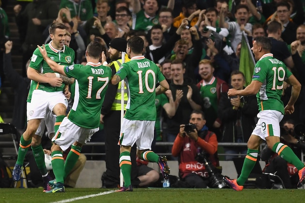 DUBLIN, IRELAND - OCTOBER 06:  Seamus Coleman of Republic of Ireland celebrates scoring his sides first goal with team mates during the FIFA 2018 World Cup Group D Qualifier between Republic of Ireland and Georgia at Aviva Stadium on October 6, 2016 in Dublin, Ireland.  (Photo by Mike Hewitt/Getty Images)