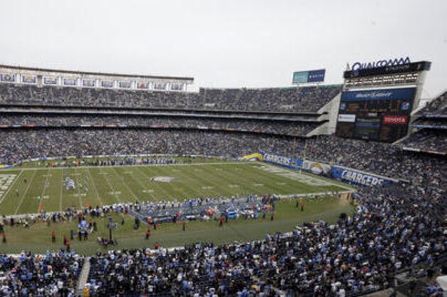 FILE - In this Oct. 25, 2015, file photo, the San Diego Chargers play the Oakland Raiders during an NFL football game at Qualcomm Stadium in San Diego. Their long-suffering fans will be exposed to another season of drama not unlike last year, when the Chargers attempted to gain approval for a stadium they would have shared with the archrival Oakland Raiders in the L.A. suburb of Carson. NFL owners sacked that plan, but did give the Chargers until Jan. 15 to decide if they'll eventually join the Rams in a new stadium in Inglewood in 2019.   (AP Photo/Gregory Bull, File)