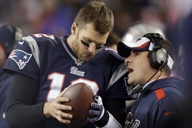 FILE - In this Nov. 3, 2013, file photo, New England Patriots offensive coordinator Josh McDaniels, right, talks to quarterback Tom Brady during the fourth quarter of an NFL football game against the Pittsburgh Steelers in Foxborough, Mass. A federal appeals court has ruled, Monday, April 25, 2016,  that New England Patriots Tom Brady must serve a four-game