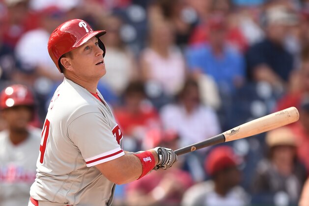 WASHINGTON, DC - SEPTEMBER 11:  A.J. Ellis #34 of the Philadelphia Phillies takes a swing during a baseball game against the Washington Nationals at Nationals Park on September 11, 2016 in Washington, DC.  The Nationals won 3-2.  (Photo by Mitchell Layton/Getty Images)