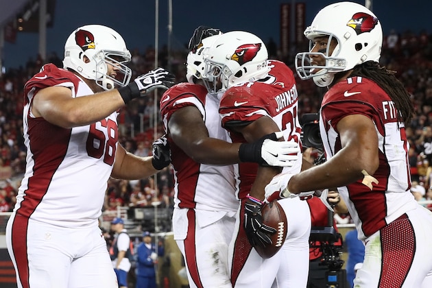 SANTA CLARA, CA - OCTOBER 06:  David Johnson #31 of the Arizona Cardinals celebrates a touchdown with teammates during their NFL game against the San Francisco 49ers at Levi's Stadium on October 6, 2016 in Santa Clara, California.  (Photo by Ezra Shaw/Getty Images)