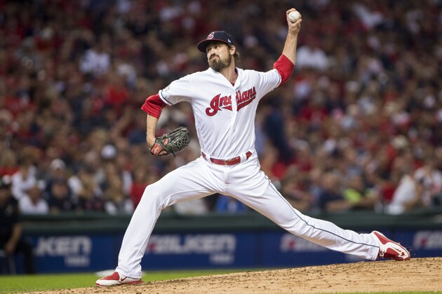 CLEVELAND, OH - OCTOBER 6: Andrew Miller #24 of the Cleveland Indians pitcher against the Boston Red Sox in the fifth inning of game one of the American League Division Series on October 6, 2016  at Progressive Field in Cleveland, Ohio. (Photo by Michael Ivins/Boston Red Sox/Getty Images)
