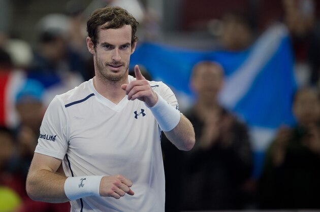 Andy Murray of Britain celebrates winning 6-2 6-1 over Andrey Kuznetsov of Russia during the men's single second round of the China Open tennis tournament in Beijing on October 5, 2016. / AFP / NICOLAS ASFOURI        (Photo credit should read NICOLAS ASFOURI/AFP/Getty Images)