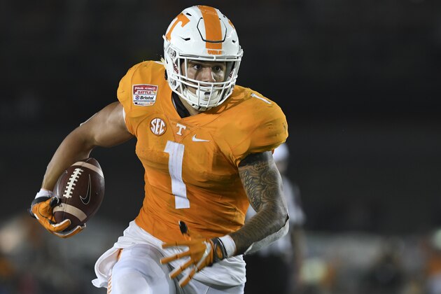 BRISTOL, TN - SEPTEMBER 10: Running back Jalen Hurd #1 of the Tennessee Volunteers carries the ball against the Virginia Tech Hokies in the first half at Bristol Motor Speedway on September 10, 2016 in Bristol, Tennessee.  (Photo by Michael Shroyer/Getty Images)