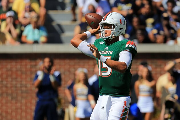 ATLANTA, GA - OCTOBER 01: Brad Kaaya #15 of the Miami Hurricanes drops back to pass during the first half against the Georgia Tech Yellow Jackets at Bobby Dodd Stadium on October 1, 2016 in Atlanta, Georgia. (Photo by Daniel Shirey/Getty Images)