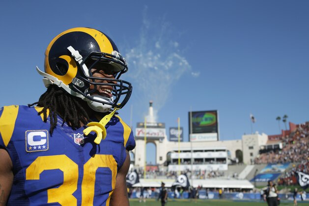LOS ANGELES, CA - SEPTEMBER 18:  Todd Gurley #30 of the Los Angeles Ram celebrates after the Rams defeated the Seahawks 9-3 in the home opening NFL game at Los Angeles Coliseum on September 18, 2016 in Los Angeles, California.  (Photo by Jeff Gross/Getty Images)
