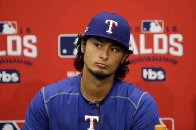 Texas Rangers pitcher Yu Darvish, of Japan, listens to a question during a news conference before Game 1 of the American League Division Series baseball game against the Toronto Blue Jays, Thursday, Oct. 6, 2016, in Arlington, Texas. Darvish is expected to pitch in Game 2. (AP Photo/LM Otero)