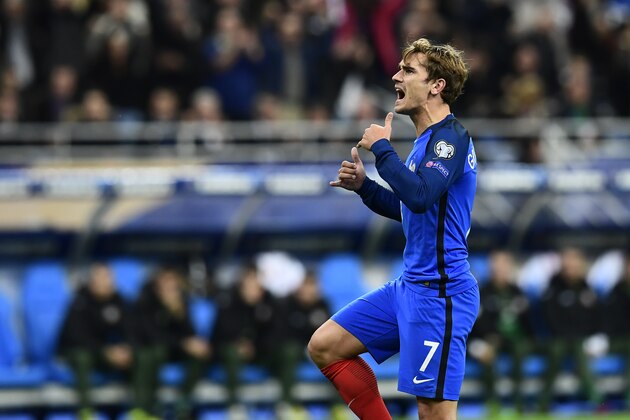 France's forward Antoine Griezmann celebrates after he scored his team's third goal during the FIFA World Cup 2018 qualifying football match France vs Bulgaria on October 7, 2016  at the Stade de France stadium in Saint-Denis, north of Paris.   / AFP / MIGUEL MEDINA        (Photo credit should read MIGUEL MEDINA/AFP/Getty Images)