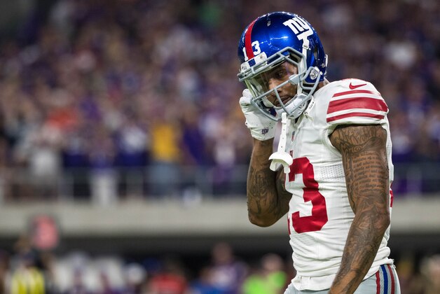 Oct 3, 2016; Minneapolis, MN, USA;  New York Giants wide receiver Odell Beckham Jr. (13) looks on during the first quarter against the Minnesota Vikings at U.S. Bank Stadium. Mandatory Credit: Brace Hemmelgarn-USA TODAY Sports