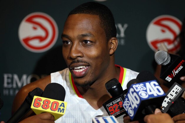 Sep 26, 2016; Atlanta, GA, USA; Atlanta Hawks center Dwight Howard (8) speaks to members of the media during Atlanta Hawks media day at The W Hotel. Mandatory Credit: Jason Getz-USA TODAY Sports
