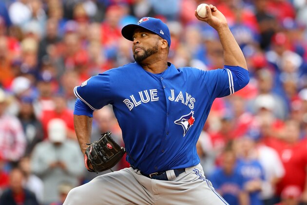 ARLINGTON, TX - OCTOBER 07:  Francisco Liriano #45 of the Toronto Blue Jays delivers pitch against the Texas Rangers in the eighth inning of game two of the American League Divison Series at Globe Life Park in Arlington on October 7, 2016 in Arlington, Texas.  (Photo by Scott Halleran/Getty Images)
