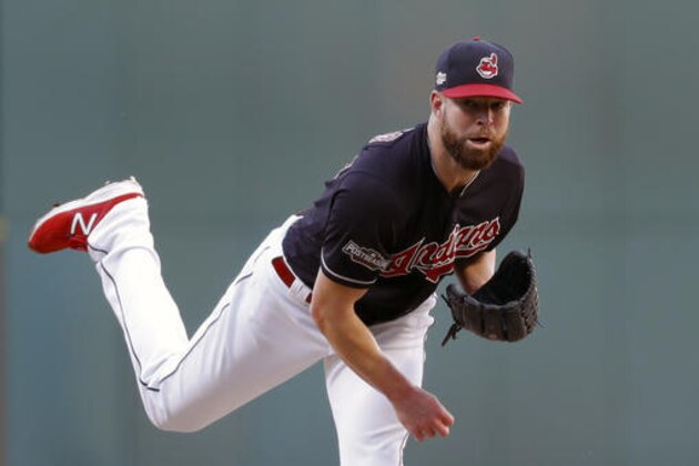 Cleveland Indians pitcher Corey Kluber throws against the Boston Red Sox in the first inning during Game 2 of baseball's American League Division Series, Friday, Oct. 7, 2016, in Cleveland. (AP Photo/Paul Sancya, Pool)