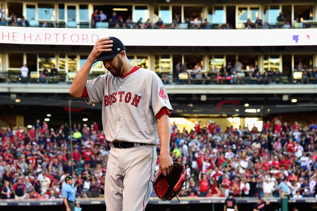CLEVELAND, OH - OCTOBER 07:  David Price #24 of the Boston Red Sox walks off the field as he is relieved in the fourth inning against the Cleveland Indians during game two of the American League Divison Series at Progressive Field on October 7, 2016 in Cleveland, Ohio.  (Photo by Jason Miller/Getty Images)