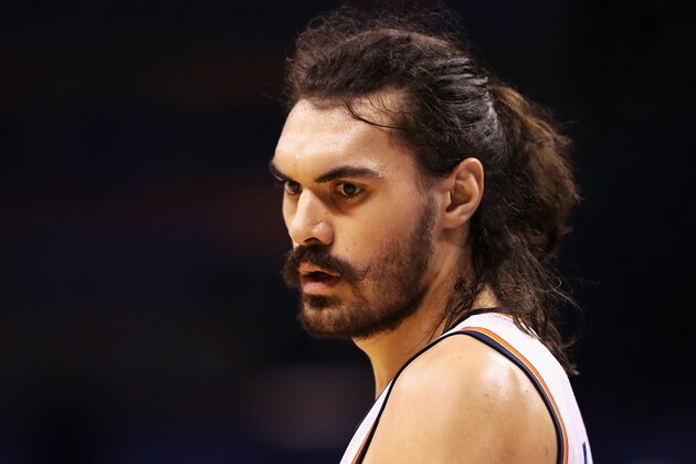 OKLAHOMA CITY, OK - MAY 28:  Steven Adams #12 of the Oklahoma City Thunder looks on during the first half against the Golden State Warriors in game six of the Western Conference Finals during the 2016 NBA Playoffs at Chesapeake Energy Arena on May 28, 2016 in Oklahoma City, Oklahoma. NOTE TO USER: User expressly acknowledges and agrees that, by downloading and or using this photograph, User is consenting to the terms and conditions of the Getty Images License Agreement.  (Photo by Maddie Meyer/Getty Images)