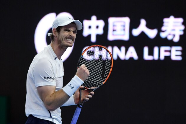 Andy Murray of Britain reacts after winning against Kyle Edmund of Britain during men's singles quater-finals match at the China Open tennis tournament in Beijing on October 7, 2016. / AFP / WANG ZHAO        (Photo credit should read WANG ZHAO/AFP/Getty Images)