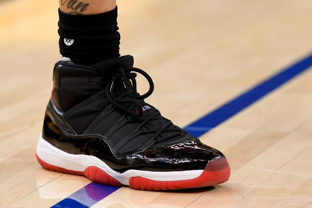 OAKLAND, CA - APRIL 16:  A detailed view of the Nike Air Jordan's XI worn by Michael Beasley #8 of the Houston Rockets against the Golden State Warriors in Game One of the Western Conference Quarterfinals during the 2016 NBA Playoffs at ORACLE Arena on April 16, 2016 in Oakland, California. NOTE TO USER: User expressly acknowledges and agrees that, by downloading and or using this photograph, User is consenting to the terms and conditions of the Getty Images License Agreement.  (Photo by Thearon W. Henderson/Getty Images)